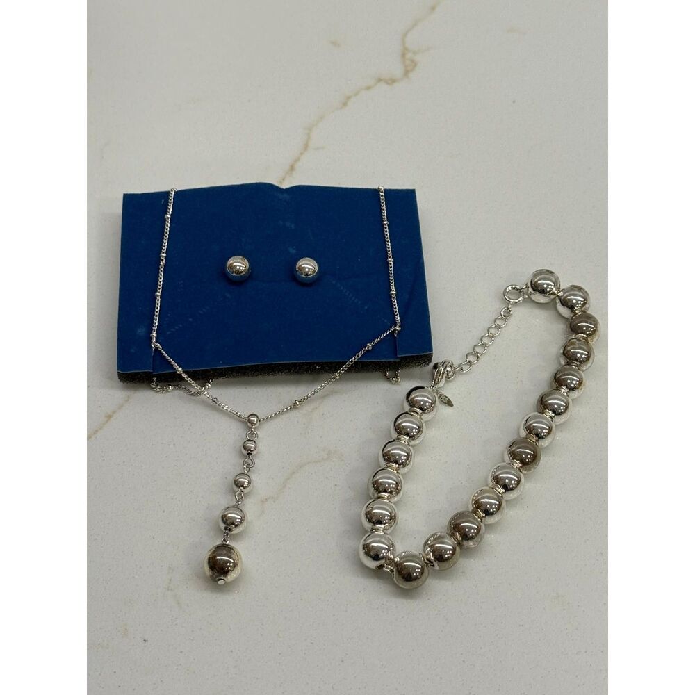 Vintage Avon Silver Tone Ball Bead Jewelry Set Necklace Bracelet Stud Earrings